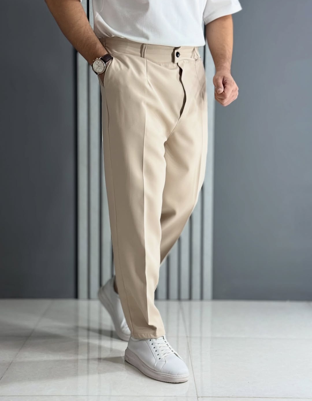 شلوار مردانه مام فیت مازراتی دکمه دار گرم بالا - رنگ کرم