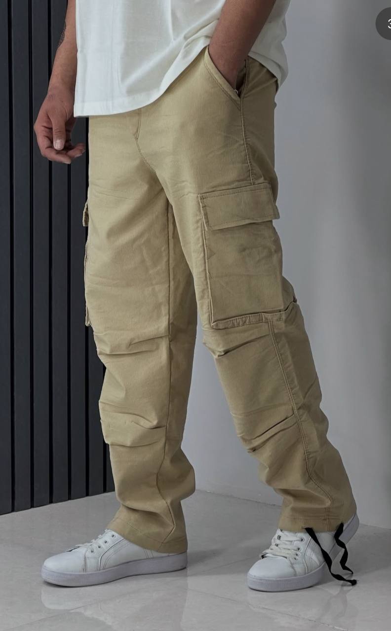 شلوار کارگو بگ کتان - رنگ کرم روشن